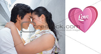 Composite image of happy couple hugging each other