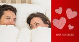 Composite image of relaxed couple lying together in bed
