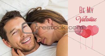 Composite image of close-up of a loving couple lying in bed