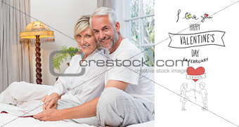Composite image of portrait of a relaxed happy mature couple with book in bed