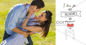 Composite image of loving and happy couple dancing in park