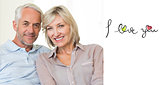 Composite image of smiling mature couple sitting on sofa with arm around