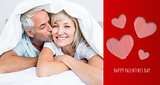 Composite image of closeup of mature man kissing womans cheek in bed