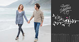 Composite image of couple holding hands and walking at beach