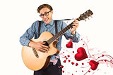 Composite image of geeky hipster playing the guitar