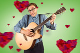 Composite image of geeky hipster playing the guitar