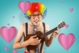 Composite image of geeky hipster in afro rainbow wig playing guitar