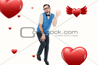 Composite image of geeky hipster dancing like a fool