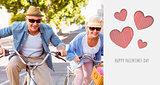 Composite image of happy mature couple going for a bike ride in the city