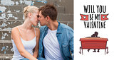 Composite image of hip young couple sitting on steps kissing