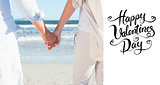 Composite image of couple on the beach looking out to sea holding hands