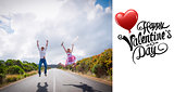 Composite image of excited couple jumping on the road