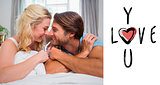 Composite image of cute couple relaxing on bed smiling at each other