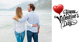 Composite image of rear view of a romantic couple at beach