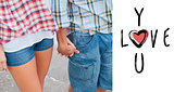 Composite image of couple in check shirts and denim holding hands