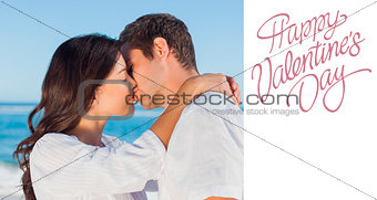 Composite image of couple embracing and kissing each other on the beach