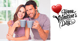 Composite image of couple looking at the camera with a coffee