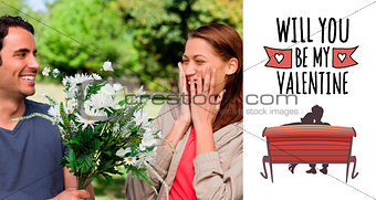 Composite image of young woman holding her hands against her face when presented with flowers