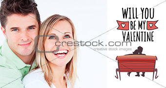 Composite image of young beautiful couple man looking at the camera