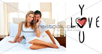 Composite image of portrait of lovers sitting on bed
