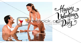 Composite image of couple having cocktails in the pool