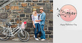 Composite image of hip young couple hugging by brick wall with their bikes