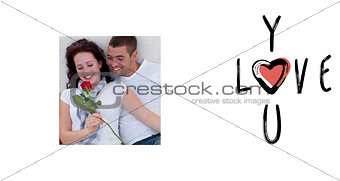 Composite image of couple on sofa with a rose