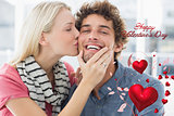 Composite image of woman kissing man on his cheek