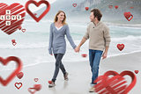 Composite image of couple holding hands and walking at beach
