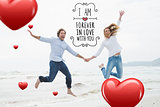 Composite image of cheerful couple holding hands and jumping at beach