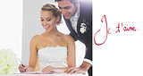 Composite image of happy young couple signing wedding register