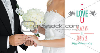 Composite image of young bridegroom putting on the wedding ring on his wifes finger