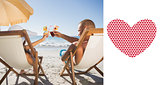Composite image of happy couple clinking their glasses while relaxing on their deck chairs