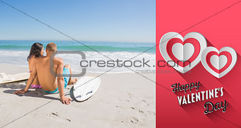 Composite image of pretty young couple with their surfboards looking at the sea