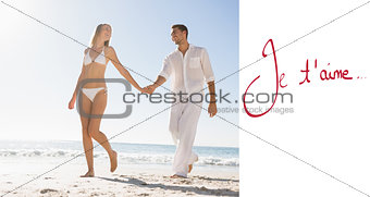 Composite image of pretty blonde walking away from man holding her hand