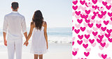 Composite image of attractive couple holding hands and watching the ocean