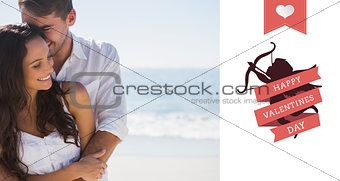 Composite image of attractive couple cuddling