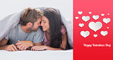 Composite image of cheerful couple head against head under the duvet