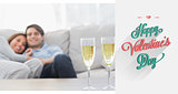 Composite image of couple resting on a couch with flutes of champagne