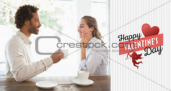 Composite image of happy couple on a date having coffee