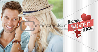 Composite image of cute couple listening to music together in cafe