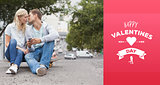 Composite image of cute young couple sitting on skateboard kissing