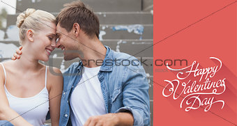 Composite image of hip young couple in denim sitting on steps