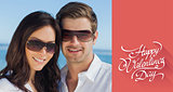 Composite image of smiling couple wearing sunglasses and looking at camera