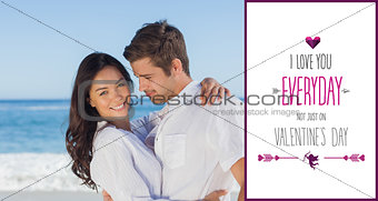 Composite image of young couple embracing and posing on the beach