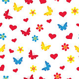 Seamless pattern with hearts, butterflies and flowers