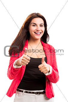 Business woman with thumbs up