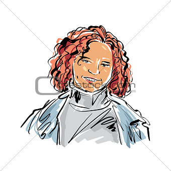 Colorful hand drawn illustration of a woman on white background,