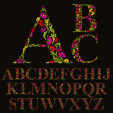 Floral font made with leaves, natural alphabet letters set, vect