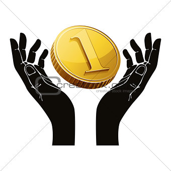 Hands with coin vector symbol.
